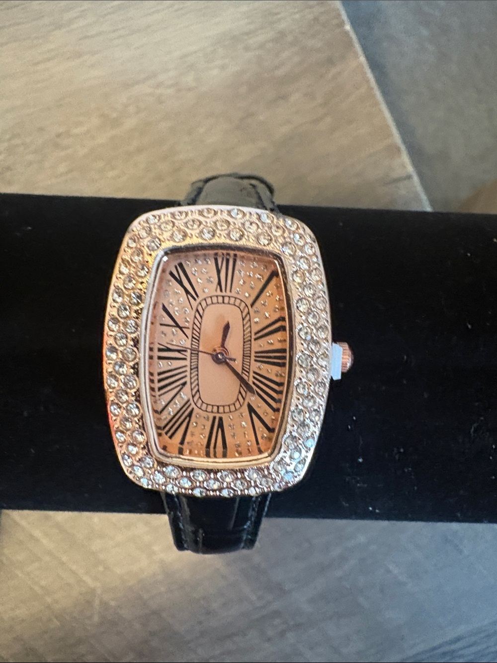 Rhinestone Accent Rose Gold Dial Women's Watch with Black Strap